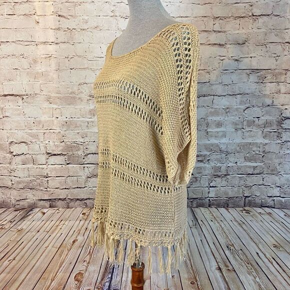 ee:some Womens Open Knit Top Fringe Acrylic Blend Short Sleeve Tan Taupe Medium - Picture 4 of 8